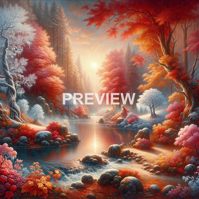 The image depicts a serene, fantasy-like autumn landscape with a calm river flowing through a forest filled with trees in vibrant red, orange, white, and pink foliage, illuminated by a warm, glowing sun in the background.